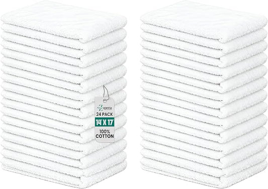 ZUPERIA Terry Towels Pack of 24 (14" X 17" Inches) 100% Cotton Terry Barmop Towels - Absorbent & Durable Bar Rags, Multipurpose Cleaning Rags for Home, Automotive & Garage Cleaning Supplies (White)