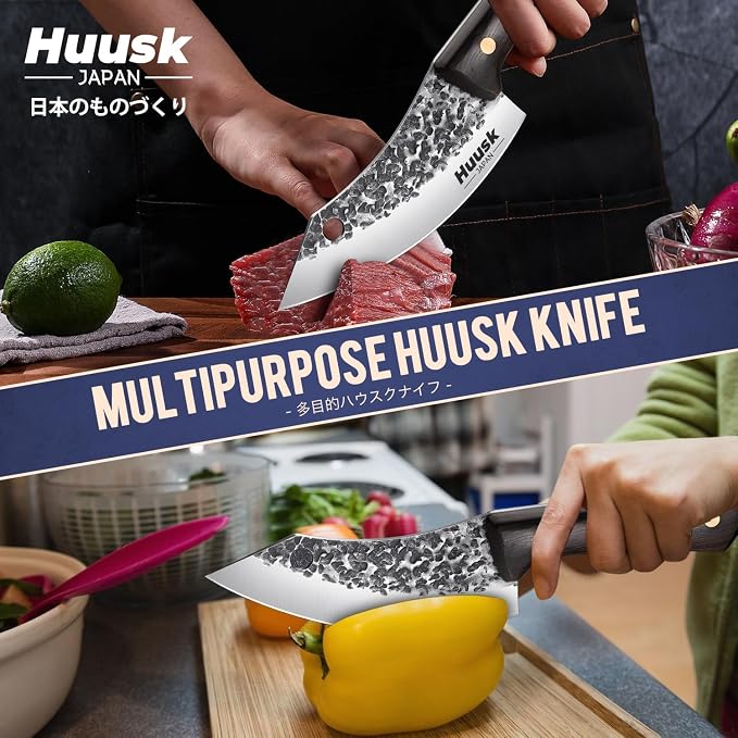Huusk Japanese Mini Cleaver Knife, Small Meat Knives with Sheath, Unique Caveman Knives, Hand Forged Full Tang Chef Viking Knife for Fishing, Outdoor Camping, BBQ, Gift for Men and Women