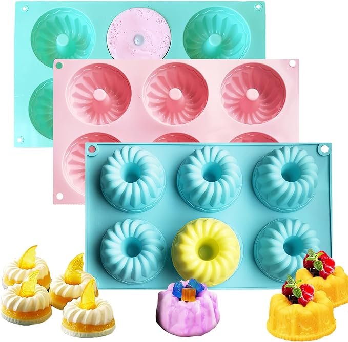 3Pcs Silicone Baking Cake Pan, 6-Cavity Nonstick Baking Molds,Mini Jello Molds Silicone,Mini Fluted Cake Pans, Cupcake Mold for chocolate, Donut, Jelly
