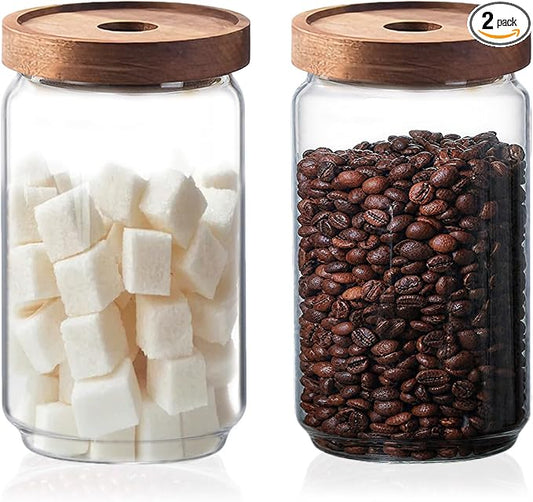 Glass Jars with Airtight Wood Lids - 25 OZ / 750 ML Kitchen Pantry Storage Containers, Decorative Canister for Chia Seed, Coffee Bean, Sugar, Spice, Cereal, Oats, Cookie, Candy, Tea, Nuts, Set of 2