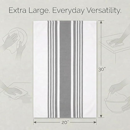 Urban Villa Kitchen Towels 100% Cotton Dish Towels for Kitchen (Set of 6) 20”x30” Dish Cloths Highly Absorbent Kitchen Linen Set with Hanging Loop Perfect for Drying Dishes Cleaning Towels-Grey White