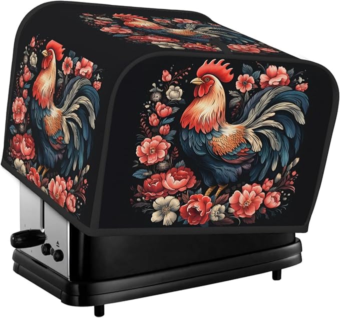 Rooster Chicken Floral 4 Slice Toaster Cover Wide Slot Dustproof Bread Maker Cover Fingerprint Bakeware Protection Kitchen Appliance Cover Toaster Bag