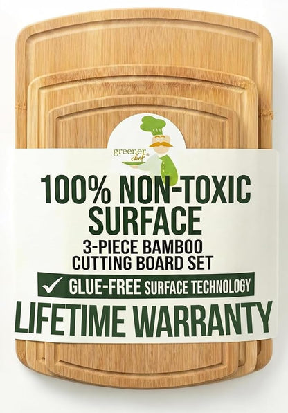 Greener Chef Luxury Bamboo Cutting Board Set of 3 with Glue-Free Surface Technology - Extra Spacious Wood Cutting Boards for Kitchen and XL Chopping Board Set - Replacements for Life