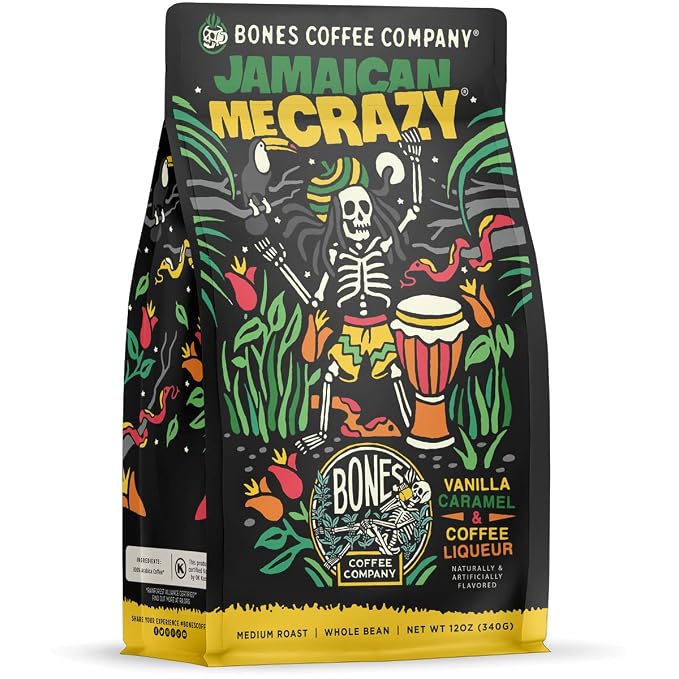 Bones Coffee Company Jamaican Me Crazy, Vanilla Caramel Flavored Coffee, Medium Roast Low Acid Arabica Beans Compatible with Auto drip and French Press Coffee Maker, 12 Oz Ground