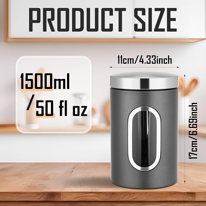 Zopeal 6 Pack Graphite Canisters Sets for Kitchen 50oz Stainless Steel Kitchen Canisters with Transparent Windows Flour Sugar Container Metal Jar Countertop Set for Coffee Tea Decorative