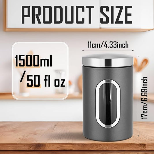Zopeal 6 Pack Graphite Canisters Sets for Kitchen 50oz Stainless Steel Kitchen Canisters with Transparent Windows Flour Sugar Container Metal Jar Countertop Set for Coffee Tea Decorative
