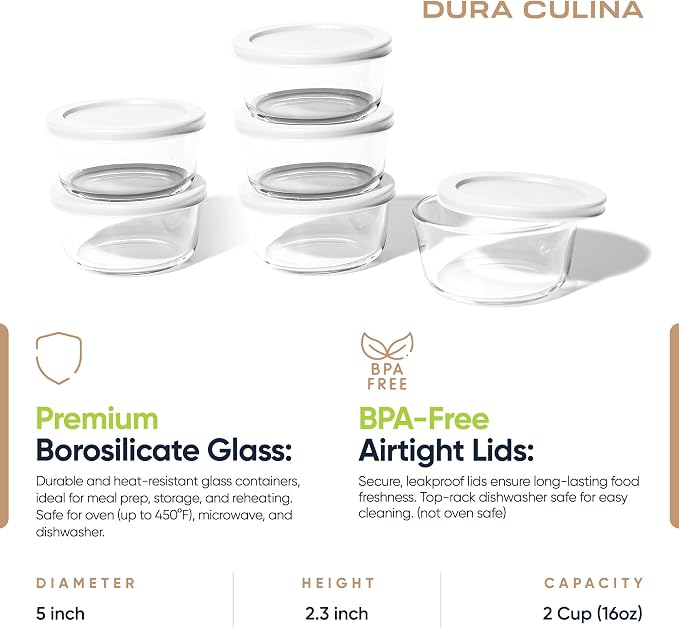 12-Piece Glass Food Storage Containers Set (6 Containers + 6 BPA-Free Lids) | 2-Cup, Leakproof | Microwave, Freezer, Oven & Dishwasher Safe | Ideal for Meal Prep & Pantry Organization, White