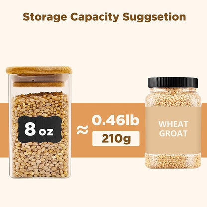 SHOWIN Glass Food Storage Jars Square 8oz, 12 Pack Glass Jars With Bamboo Lids, Kitchen Storage Containers For Spice, Candy, Cookie, Storage For Pantry Organizers