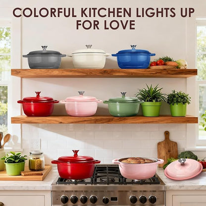Enameled Cast Iron Dutch Oven Pot With Lid - AIVIKI 5QT Dutch Oven for Bread Baking With Cotton Potholders - Heavy-Duty Cookware for Braising, Stew, Roasting, Oven Safe up to 500°F, Red