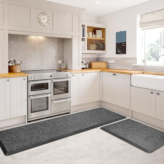 KMAT 2PCS Kitchen Mat Cushioned Anti-Fatigue Floor Mat,Waterproof Non-Slip Standing Mat,Ergonomic Comfort Floor Mat Rug for Home,Office,Sink,Laundry,Desk(17.3"x28"+17.3"x60",Grey)
