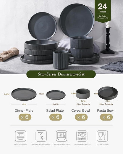 Famiware Star Dinnerware Set with Pasta Bowls, Service for 6 (24 Pieces), Ribbed Stoneware Plates and Double Bowls Sets - Chip & Scratch Resistant, Microwave & Dishwasher Safe, Matte Dark Charcoal