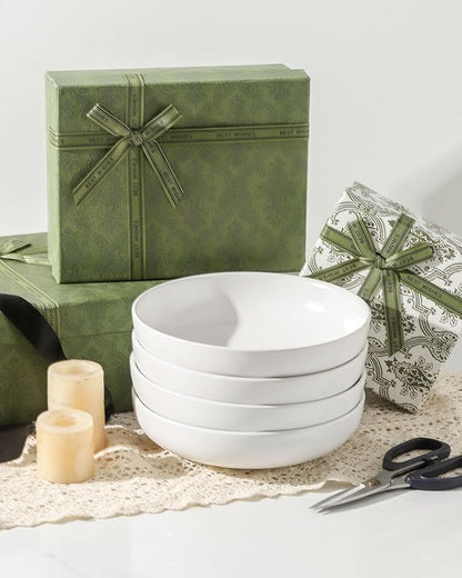 Pasta Bowls Set of 4, Stoneware 34 oz Salad Bowls, Ceramic Bowl Plates for Pasta, Salad, Fruit, Cereal, Soup, Wide Shallow Bowls, Microwave & Dishwasher Safe, Matte White