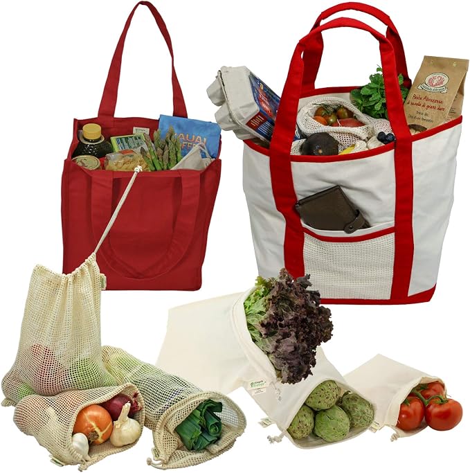 Simple Ecology Reusable Grocery Shopping 8 Bag Gift or Starter Set, Washable, Durable, Organic Cotton, Natural with Red