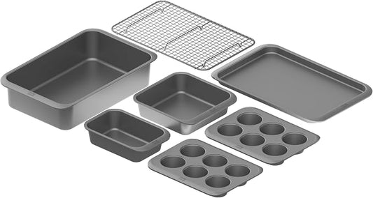 Chicago Metallic 7-Piece Nonstick Bakeware Nesting Set - Carbon Steel Baking Sheet, Loaf Pan, Muffin Pan, Cake Pan, Roaster and Cooling Rack
