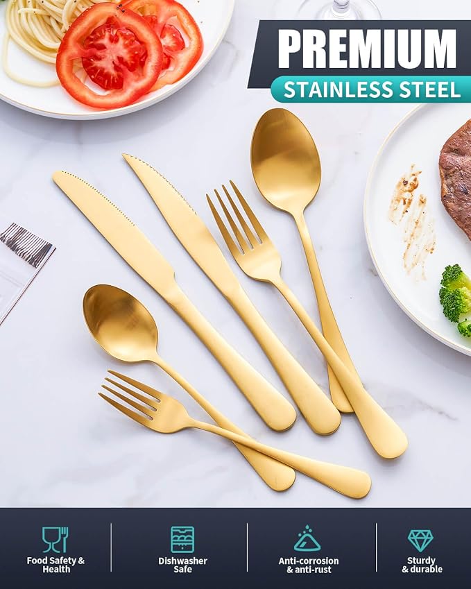 Matte Gold Silverware Set with Steak Knives,Stainless Steel Flatware Set for 6,Modern Cutlery Utensils Set,Spoons and Forks Set for Restaurant,Dishwasher Safe (Gold, 24 Piece Set)