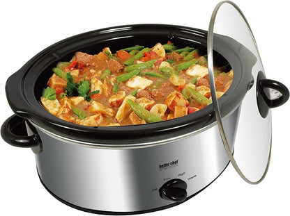 Better Chef Oval Slow Cooker | 3-Quart | 3-Tempature Settings | Side Handles | Glass Lid | Enamel Stoneware Insert (Stainless-Steel)