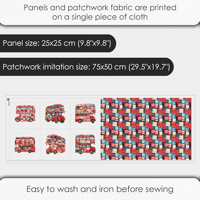 Patchwork Double-Decker Bus Cotton Fabric Panel – 6 Designs (10×10 inch Each) + Bonus Sheet 29.5×19.6 inch, 100% Cotton 140 GSM, Made in Türkiye