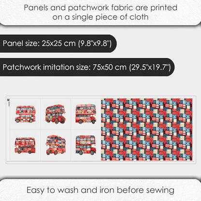 Patchwork Double-Decker Bus Cotton Fabric Panel – 6 Designs (10×10 inch Each) + Bonus Sheet 29.5×19.6 inch, 100% Cotton 140 GSM, Made in Türkiye