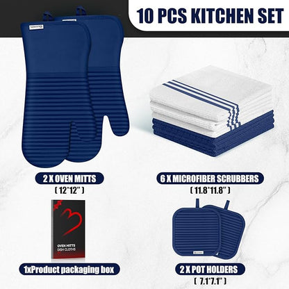 Oven Mitts and Pot Holder Sets with Silicone Grip, 500°F Heat Resistant-6 Pack Dishcloth/Dish Towels for Kitchen 100% Cotton-Value Kitchen Essentials for Cooking, Baking, Grilling-Marine Blue