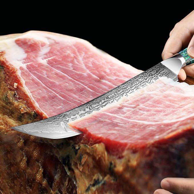 XITUO 10" Cimitar Breaking Butcher Knife, Japanese VG10 Damascus Steel Meat Processing Knife, Full Tang Razor Sharp Blade, Ergonomic Abalone Shell Handle Dazzling Series (10 inch Cimitar Ham knife)