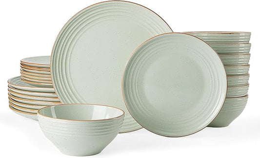 Famiware Jupiter 24-Piece Stoneware Dinnerware Set, Handcrafted Plates and Bowls with Speckles & Embossed Swirls, Chip/Scratch Resistant, Microwave/Dishwasher Safe, Rustic Dishes, Service for 8, Green