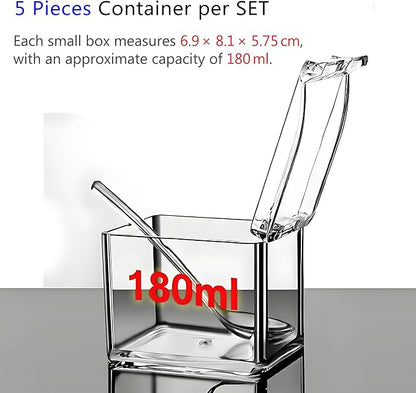 V·RESOURCING Clear Seasoning Box, 5 Pieces Clear Seasoning Storage Container for Spice Salt Sugar Cruet,Condiment Jars with Spoons