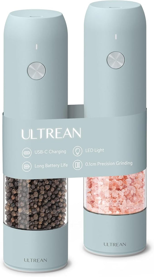 Ultrean Pepper Grinder, Rechargeable Salt and Pepper Grinder with 6 Adjustable Coarseness, LED Light, One-Hand Automatic Operation, Gifts for Women, Blue