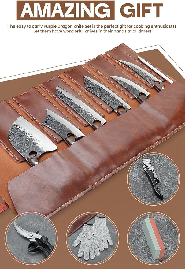Purple Dragon Butcher Knife Set - 12 Pcs Kitchen Knife Set - Hand Forged Serbian Meat Cleaver Boning Viking Knives, Knives with Roll Bag for Home Cooking BBQ - Christmas Gift for Men and Women