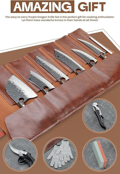 Purple Dragon Butcher Knife Set - 12 Pcs Kitchen Knife Set - Hand Forged Serbian Meat Cleaver Boning Viking Knives, Knives with Roll Bag for Home Cooking BBQ - Christmas Gift for Men and Women