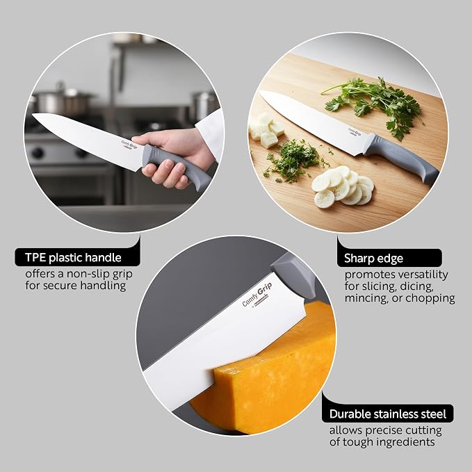 Restaurantware Comfy Grip 10 Inch Chef's Knife 1 Sharp Cooking Knife - Ergonomic Handle Non-Slip Grip Gray Stainless Steel Kitchen Knife Dishwashable Slice Dice Mince or Chop Ingredients