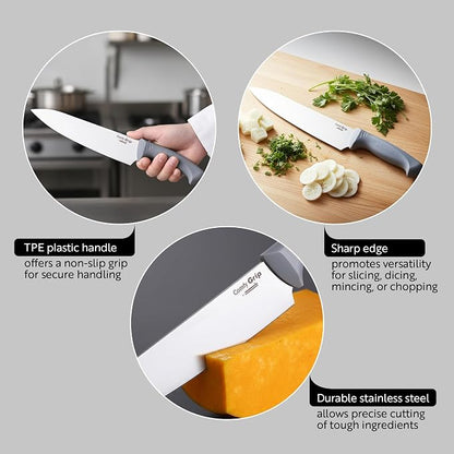 Restaurantware Comfy Grip 10 Inch Chef's Knife 1 Sharp Cooking Knife - Ergonomic Handle Non-Slip Grip Gray Stainless Steel Kitchen Knife Dishwashable Slice Dice Mince or Chop Ingredients