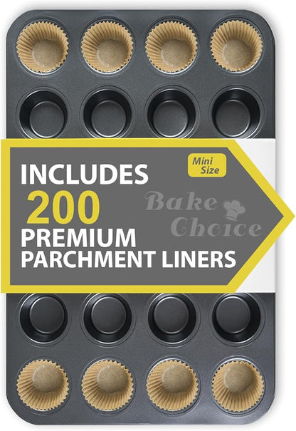 Bake Choice Mini Muffin Pan includes 200 Natural Cupcake Liners, Mini Cupcake Pans Nonstick 24 Cup, Muffin Tin, Carbon Steel Baking Supplies