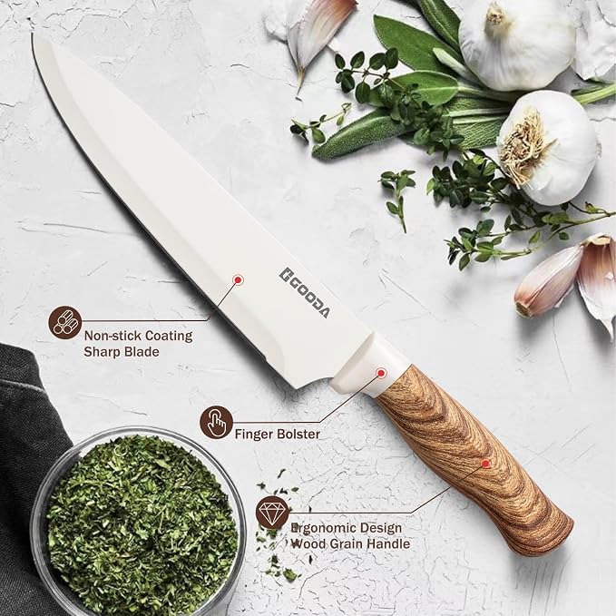 Knife Set,GOODA 9 Piece Kitchen Knife Set with Block and Sharpener, Anti-Rust Stainless Steel Cooking Knives Set for Kitchen, Chef Knife Block Set