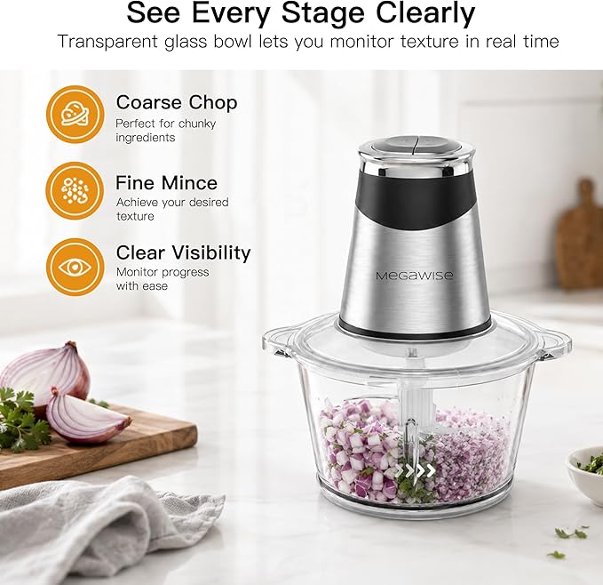 MEGAWISE Electric Food Processor, 800W Meat Grinder & Vegetable Chopper - 2 Bowls (3L Stainless Steel + 3L Glass) with 4 Blades, Dual-Speed Food Chopper for Meat, Fruits, Vegetables, and Nuts