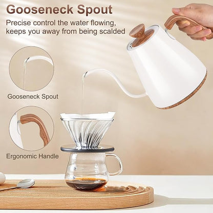 Gooseneck Electric Kettle, Intelligent Temperature Control, Stainless Steel Inner, Quick Heating, for Pour Over Coffee, Brew Tea, Boil Hot Water, 1000W 0.9L Cream White