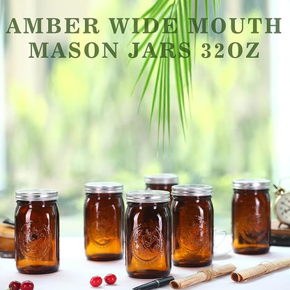 eleganttime Amber Glass Mason Jars 32 oz Wide Mouth with Airtight Lids and Bands 6 Pack Large Glass Canning Mason Jars Quart,Great for Canning Jar Pickle Fermenting Jam Jar