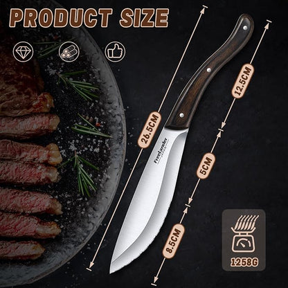Freelander Handmade Forged Steak Knives Set of 6, Serrated Cutters for Meat Cutting, Stainless Steel Steak Knife Set Blades with Wooden Handles, Elegant & Aesthetic Design