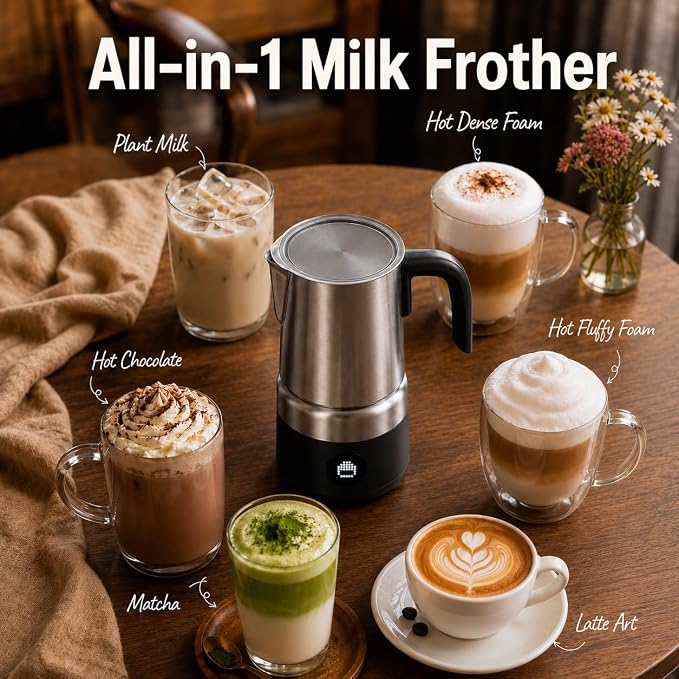 AMZCHEF 8-in-1 Electric Milk Frother and Steamer 600W, 17oz Large Capacity & Detachable, Automatic Warm and Cold Foam Maker for Coffee, Hot Chocolate, Stainless Steel Jug, LED Display, Easy to Clean