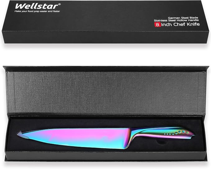 WELLSTAR Chef Knife 8 Inch, Razor Sharp German Steel Blade and Comfortable Finger Guard Handle with Rainbow Titanium Coated for Kitchen Meat Sushi Vegetable Fruit Cutting Slicing Dicing, Gift Box