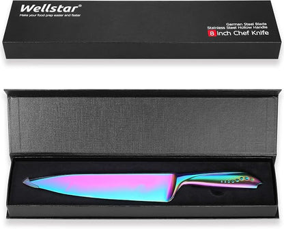 WELLSTAR Chef Knife 8 Inch, Razor Sharp German Steel Blade and Comfortable Finger Guard Handle with Rainbow Titanium Coated for Kitchen Meat Sushi Vegetable Fruit Cutting Slicing Dicing, Gift Box