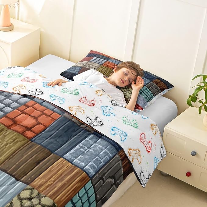 Manfei Cartoon Gamepad Bedding Set Toddler Size -Block Theme Comforter Set for Kids Teens Bedroom Decor Video Game Soft Polyester Quilt Duvet Vintage Wooden Plank Duvet Insert,1 Pillowcase