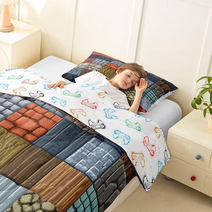Manfei Cartoon Gamepad Bedding Set Toddler Size -Block Theme Comforter Set for Kids Teens Bedroom Decor Video Game Soft Polyester Quilt Duvet Vintage Wooden Plank Duvet Insert,1 Pillowcase