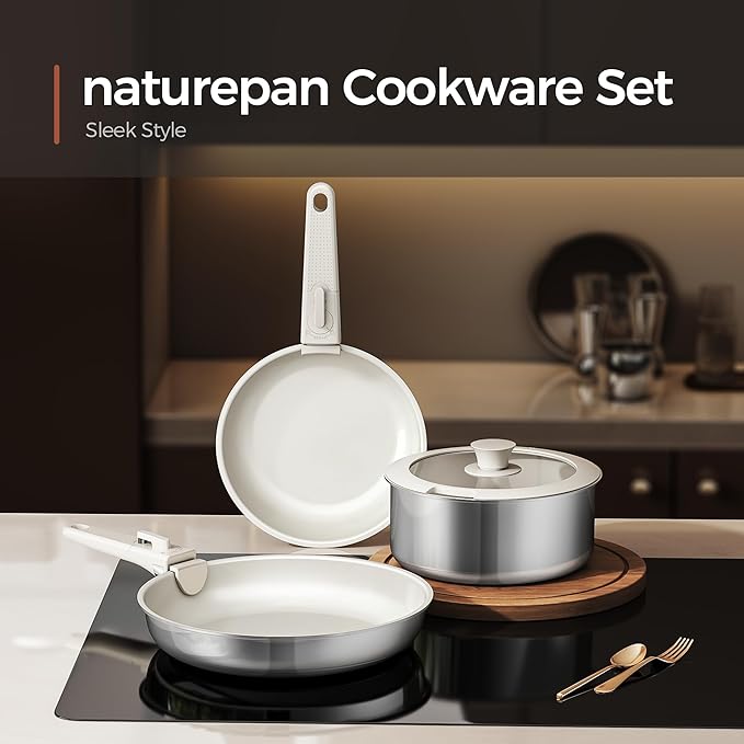 16PCS Pots and Pans Set Non Stick, Diamond-Titanium Ceramic Cookware Set & 3 Layer Stainless Steel with Detachable Handle, Induction Cookware, Non Toxic Oven/Dishwasher Safe, White