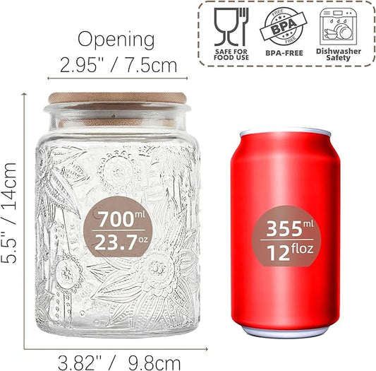 Custde 23.7 fl oz Vintage Glass Jar with Bamboo Lid - Airtight Decorative Food Storage Canisters for Kitchen Counter, Ideal for Candy, Sugar, Coffee, Tea, Cute jar(Sunflower*1)