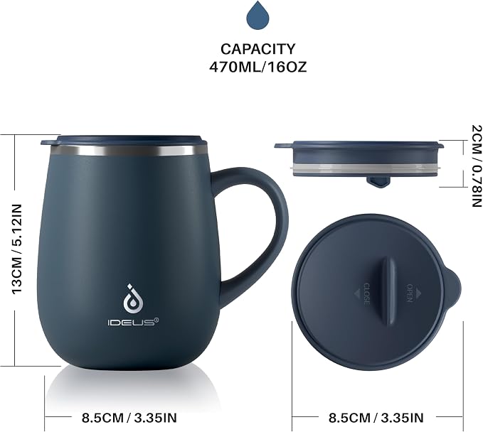 Ideus 16 oz Insulated Coffee Mug with Handle and Lid, Double Wall Stainless Steel Vacuum Thermal Coffee Mug, Travel Coffee Cup Thermal Cup for Home and Office, Navy Blue 2.0