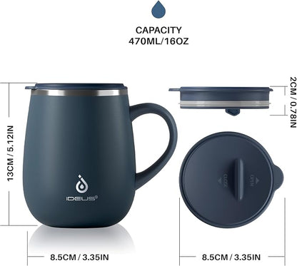 Ideus 16 oz Insulated Coffee Mug with Handle and Lid, Double Wall Stainless Steel Vacuum Thermal Coffee Mug, Travel Coffee Cup Thermal Cup for Home and Office, Navy Blue 2.0