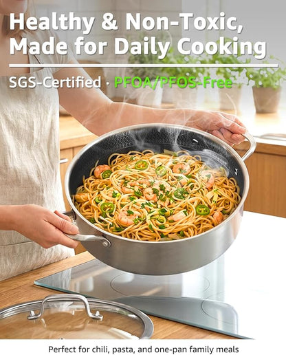 LOLYKITCH 7 QT Large Deep Frying Pan with Lid, 12 Inch Nonstick Triply Stainless Steel Skillet Saute Pan, Ceramic Hybrid Honeycomb Cookware for Family Meal – Oven & Induction Ready, Riveted Handles