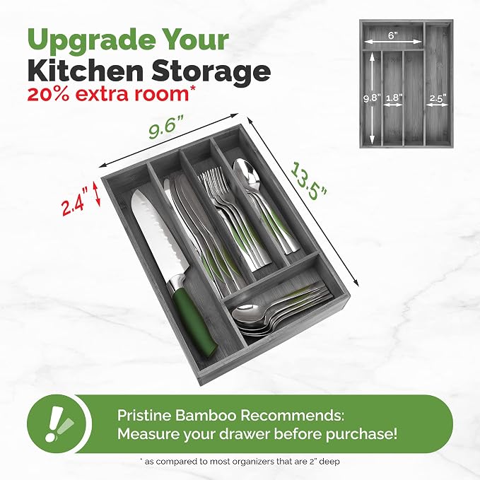 Pristine Bamboo 5-Slot Drawer Organizer - Kitchen and Utensil Organizer - Cutlery Tray - Flatware and Silverware Holder - Gray