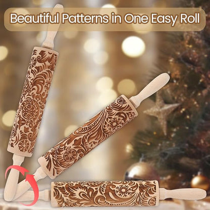 Embossed Rolling Pin for Baking Cookies Christmas Embossing Rolling Pins with Design Wooden Engraved Springerle Roller Pin Dough Patterned Clay Pottery Ceramic Bakers Women (Flower Snowflake Paisley)