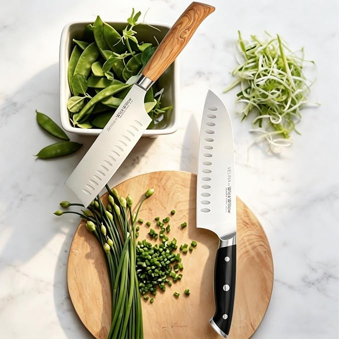 WICKWILLOW 7-Inch Santoku Knife - German X50CrMoV15 Steel, Hollow Edge Kitchen Knife for Meal Prep, Vegetables, Herbs & Boneless Proteins - Razor-Sharp, Full Tang, Ergonomic Handle, Gift Box
